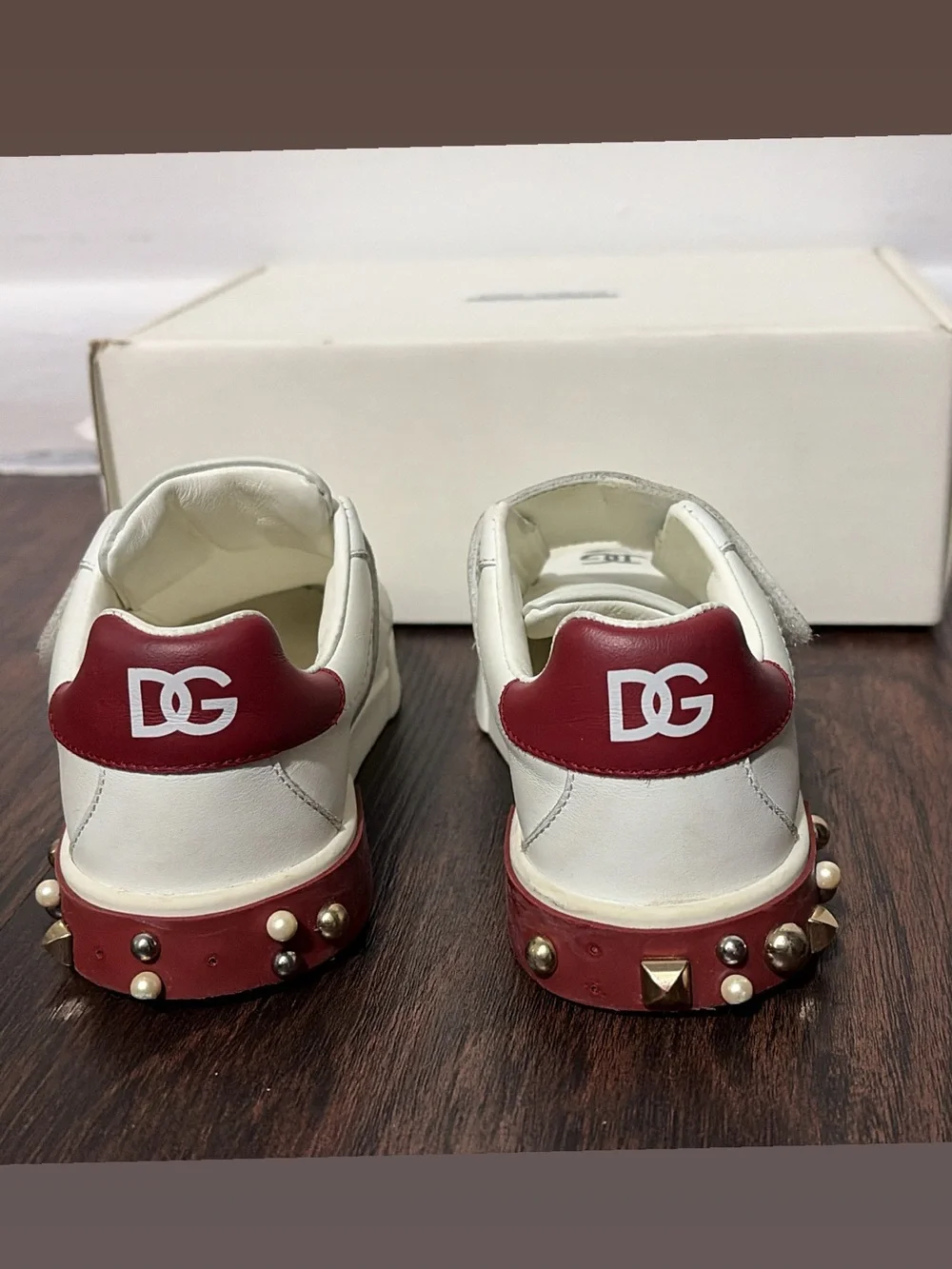Dolce & Gabbana White Kids Floral Leather Velcro Sneakers with Red Accents
